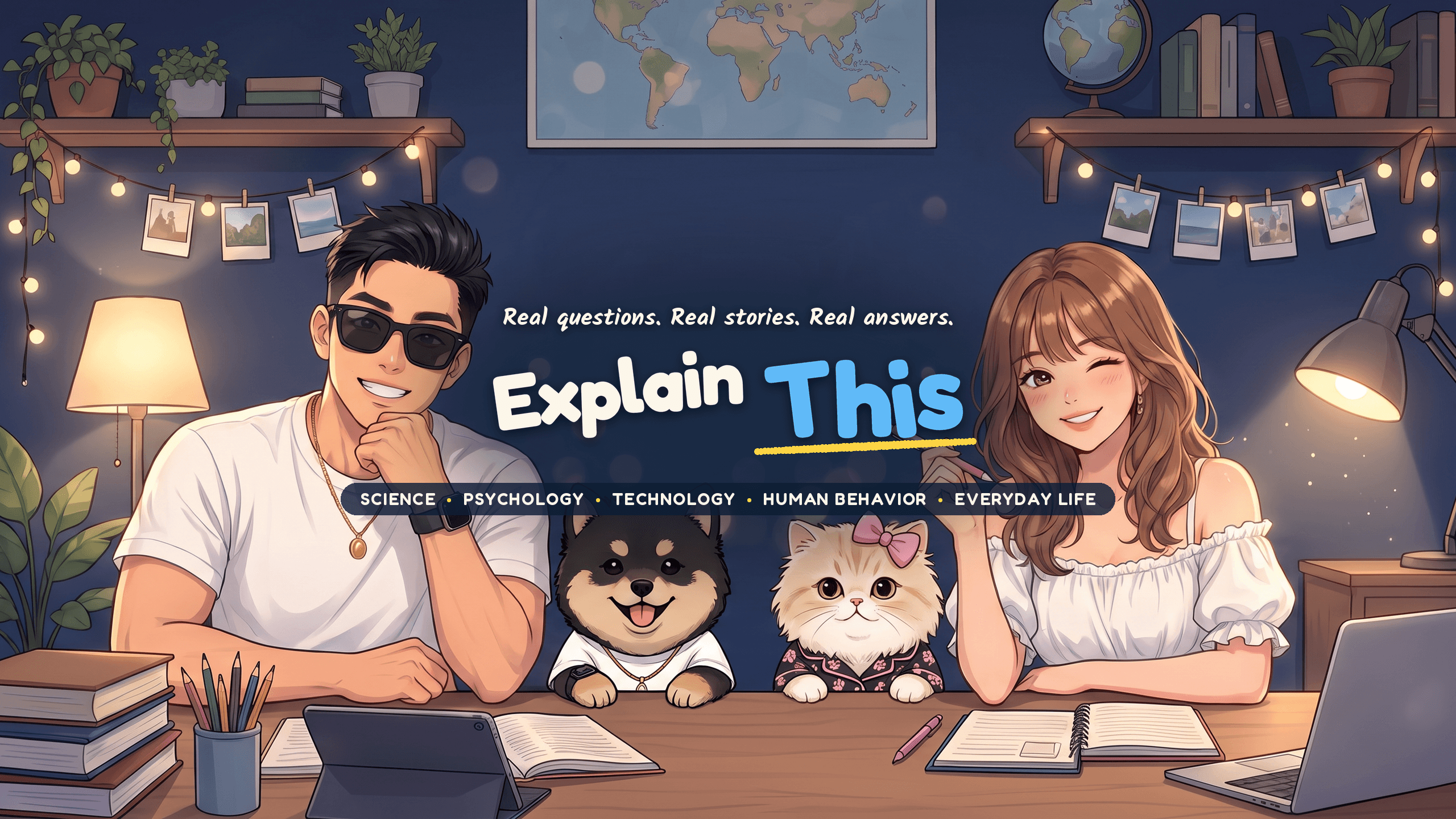 Explain This: Bo and Kem, a black-and-tan dog, and a cream cat in their illustrated studio, surrounded by books, plants, a world map, and warm lights.
